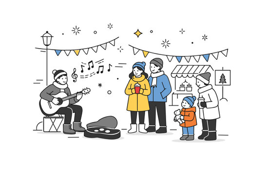 Winter markets casual entertainment ? street music moment. A friendly scene with a musician playing softly while visitors pause and listen, gentle musical