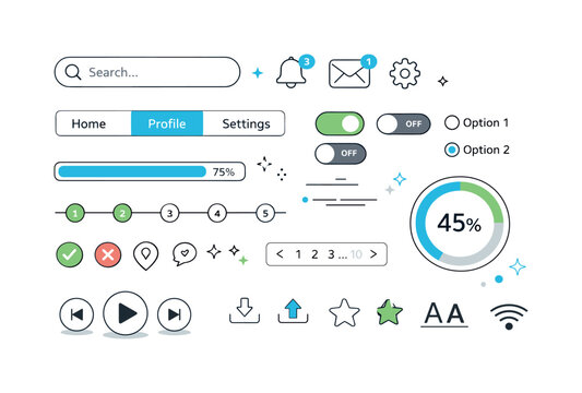 Collection of modern UI elements and icons for web and app design interfaces