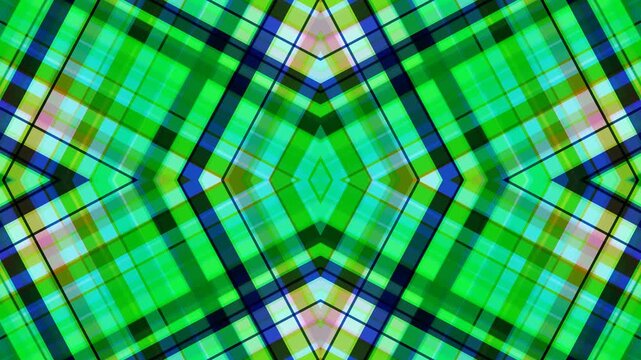 Vibrant green plaid pattern with dynamic geometric shapes