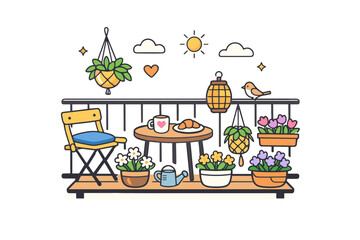 Fototapeta premium Spring home balcony a small urban balcony filled with blooming pots and gentle decorative accents, symbolizing slow living and everyday spring joy. Minimalist
