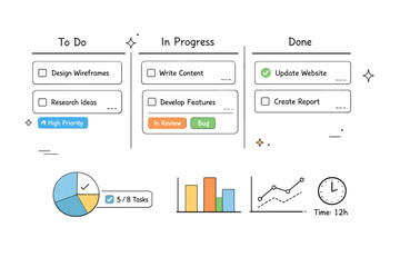 Naklejka premium Work tracking board close-up. Cards, tags, and minimal charts seen up close, emphasizing clarity and control over tasks. Modern digital organization with a