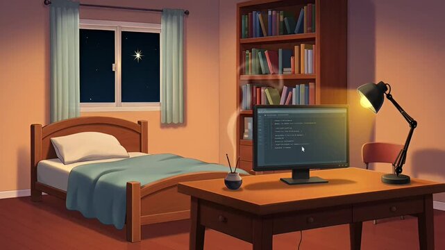 illustration of a cozy bedroom at night with a computer and desk lamp