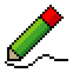 Pencil with pixel art isolated on white background.