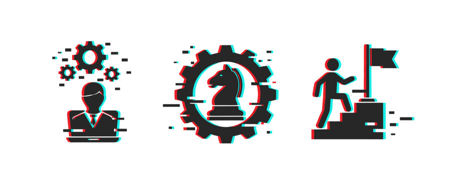 Business strategy concept: leadership, strategy, achievement in glitch style