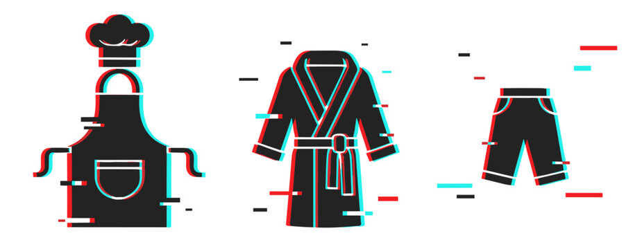 Glitch-style silhouettes of chef apron, bathrobe, and shorts