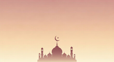 Obraz premium Serene mosque silhouette at sunset with crescent moon and star