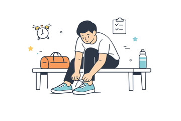 Fototapeta premium Lacing up shoes. A person calmly tying shoelaces while sitting on a simple bench, focused and ready to start the day. The scene conveys