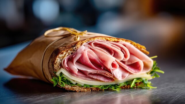 Gourmet sandwich with layers of deli meats, fresh greens, and artisan bread wrapped in craft paper for delicious meal presentation