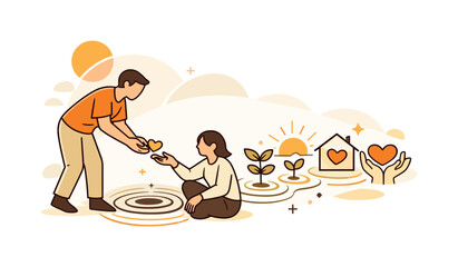 Naklejka premium Simple generosity. A person gives a small item, ripples turning into symbols of growth and