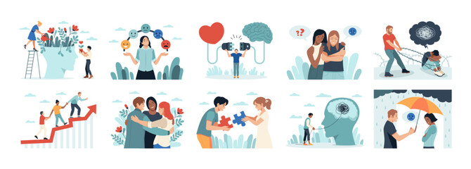 Emotional intelligence people. Psychological help, feel control, mood balance, motivation, mental health, adequate reaction, people with anxiety and depression, tidy vector cartoon set © YummyBuum