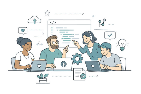 Ethical open-source communities. A calm editorial scene of diverse contributors collaborating on a shared open-source project, surrounded by code snippets and