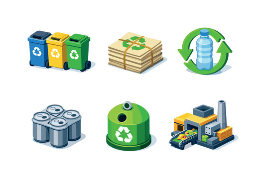 Recycling Icons Grid. Recycling system. Isometric flat vector icons set of Recycling system: sorting bins set, recycled paper stack, plastic bottle recycle