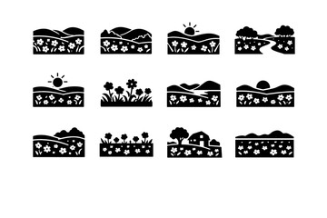 Wildflower Landscape. Solid icon set of wildflower landscape: blooming field, rolling meadow, hills and flowers, nature trail flowers, sunlit