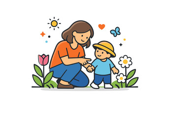 Obraz premium Springtime Motherhood Scene. Spring motherhood a compact family vignette showing a mother guiding a small child among spring flowers, reflecting
