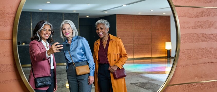 Diverse mature women taking a selfie in a round mirror. Happy senior female friends with smartphone in a modern lobby. Technology and social lifestyle