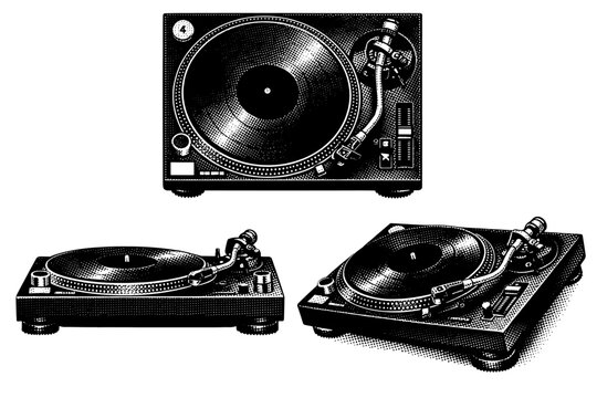 DJ Turntable Trio. DJ turntable A DJ turntable shown as a single unit displayed in three different views including top-down, side profile, and angled