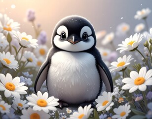 Naklejka premium Baby-Pinguin im zarten Blütenmeer