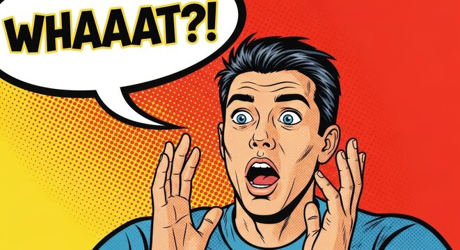 Man in pop art style with wide open eyes and mouth, with a speech bubble saying WHAAAT?! Concept of surprise and shock