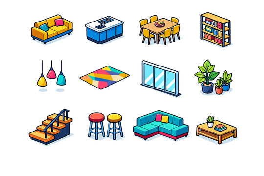 Open Floor Plan. Colorful isometric vector icons set of Open Floor Plan: living area sofa, kitchen island, dining table, open shelving, pendant lights, area