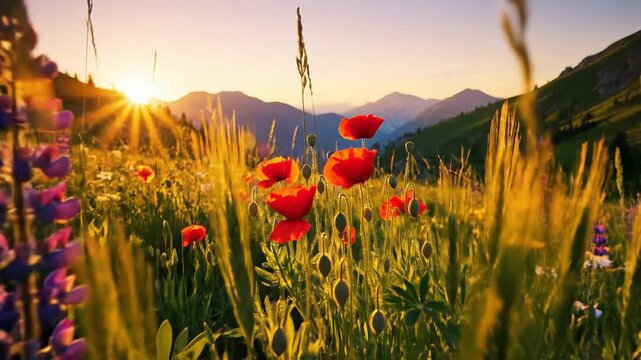 Golden Sunrise Over Alpine Meadow With Wildflowers and Mountains