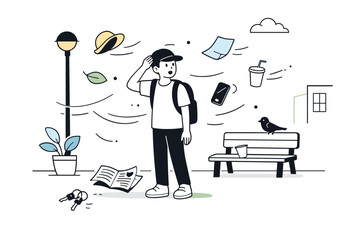 Wind surprises moments. A quiet street scene where wind briefly interrupts stillness, lifting light objects around a person. The mood feels transient and