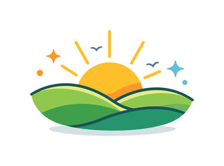 Spring light and warmth feeling captured by a rising sun above soft hills with subtle sparkles, creating a visual metaphor for longer days,