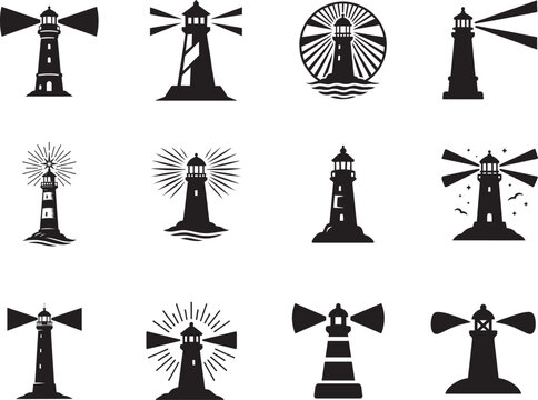   Graphic lighthouse icon set with light rays for maritime navigation, bold vector silhouette pack.