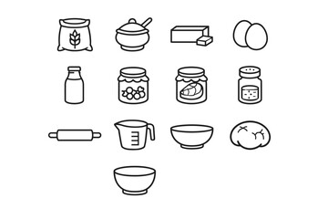 Pie Ingredients. Line icon set of Pie Ingredients: flour bag, sugar bowl, butter stick, eggs, milk bottle, fruit filling, meat filling, spice jar, rolling pin,