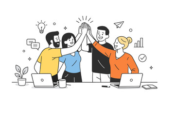 Fototapeta premium High five startup team. A small startup team celebrating progress with a high five near desks and laptops. The scene feels modern, relaxed, and collaborative.