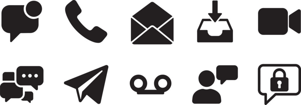   User interface glyph icon set for web and mobile apps with chat, call, email, inbox symbols.