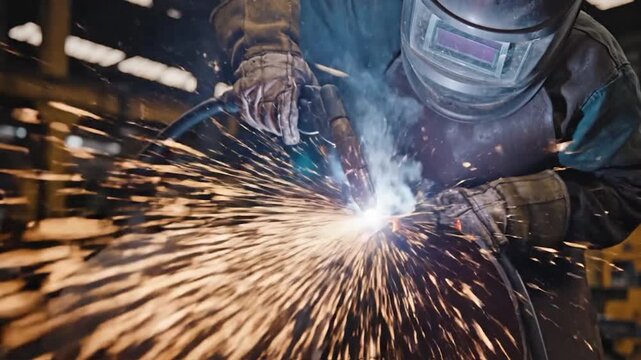 Skilled worker in protective gear performing welding on l pipe