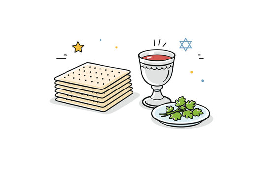 Matzo and wine details. A clean tabletop layout featuring stacked matzah, a kiddush cup of wine, and parsley on a small plate, symbolizing core elements of the