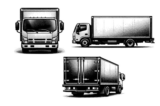 Cargo truck box delivery truck. A medium-duty box truck with rectangular cargo body and cab-over design represented as a single isolated