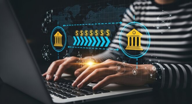 Person using laptop with online banking and financial graphics on screen