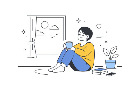 Personal boundaries and alone time. Person enjoying a quiet break by a window, sunlight and empty space around. Restful pause emphasizing comfort in solitude.