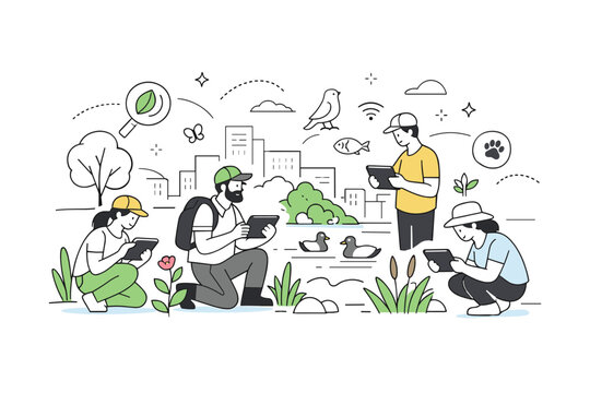 Urban biodiversity projects. Researchers and volunteers monitoring plants and animals with tablets in a city green space. Focused observation