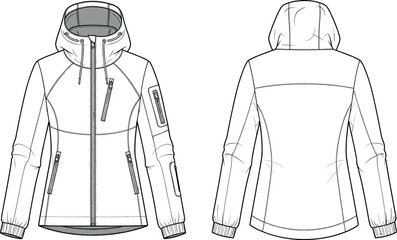 Women technical softshell jacket fashion flat sketch vector illustration with hood, zipper pockets, front and back views for outerwear design.