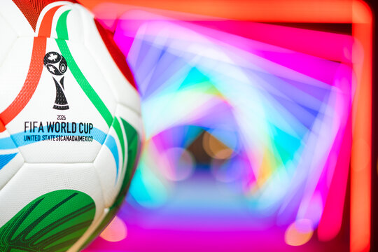 ZHONGSHAN China-February 17 2026: soccer for the 2026 FIFA World Cup in front of colorful lights at night at horizontal composition.