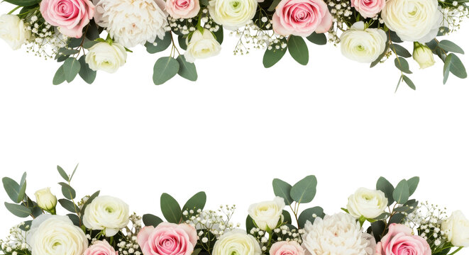 Pink and white rose, ranunculus, and eucalyptus flower border isolated PNG with Transparent Background