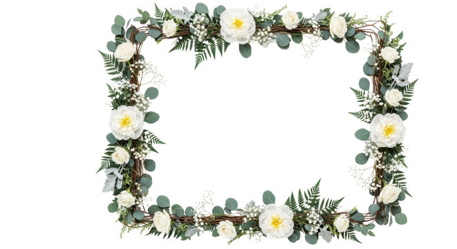 Rectangular floral frame with white roses, green eucalyptus leaves, and baby's breath isolated PNG with Transparent Background