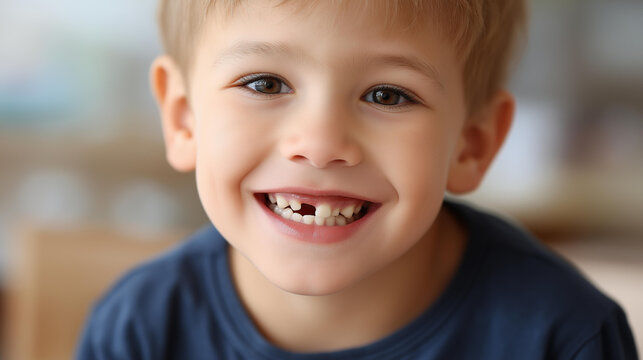 Smiling child's mouth showing gap from missing milk teeth, baby teeth growth development, Tooth Fairy visit joyful expression, childhood development front teeth, with copy space