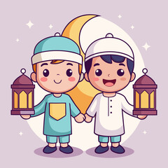 Two adorable muslim boys holding lanterns under a crescent moon