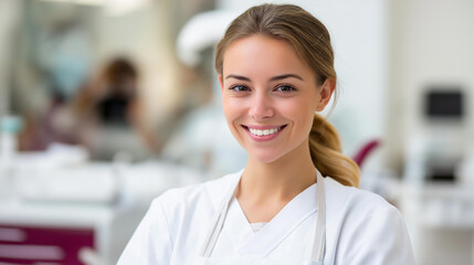 Fototapeta premium Smiling dentist at dental clinic, healthcare professional portrait, dental service provider, oral care specialist representation, with copy space