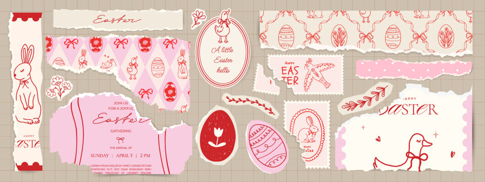 Easter vintage scrapbook elements. Retro torn paper decor. Scraps of holiday vintage wrapping paper, postcards, postage stamps. Vector design template for design collage