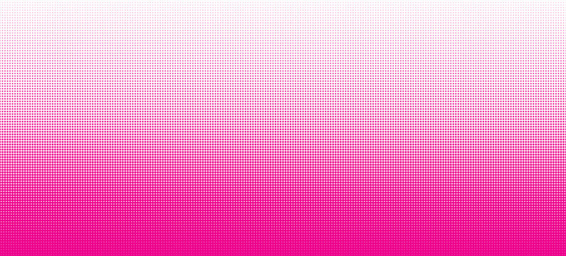 Magenta seamless dotted halftone gradient seamless border. Pink vector halftone dot bottom to top gradation. Vector horizontal geometric background. CMYK effect seamless pattern. Abstract pixelated bg
