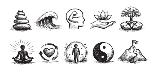 Obraz premium A collection of sketched wellness icons including balance, strength, nature, mindfulness, and goals. Ideal for depicting holistic health concepts in websites, articles, and presentations.