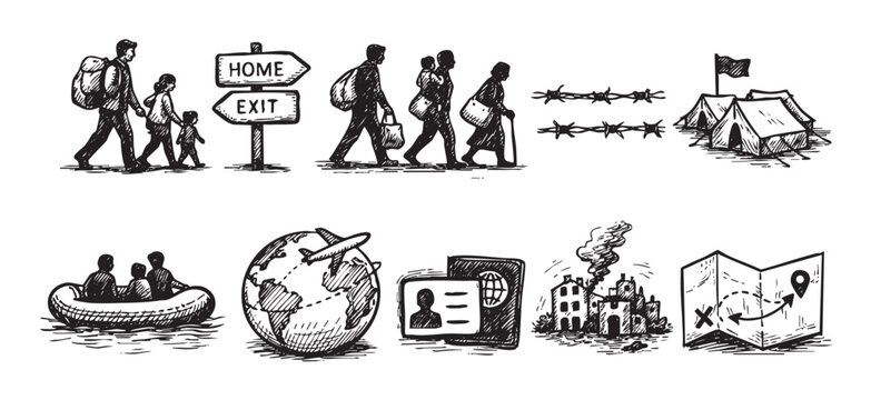Black and white illustration showing refugee family, barbed wire, map, globe, and passport depicting the journey of refugees, their displacement and search for safety and a better life.
