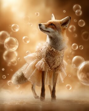 Playful red fox wearing vintage flapper dress surrounded by floating bubbles elegant golden background whimsical dreamy animal fashion fantasy joyful mood