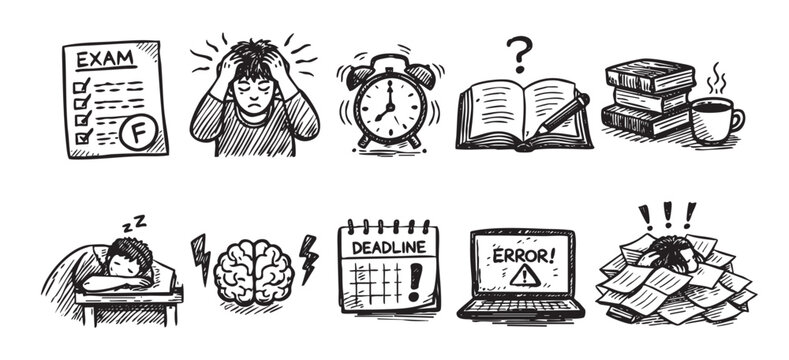 Hand-drawn vector illustration of burnout and stress-related objects like a failing grade, alarm clock, and an overworked person. Great for use in educational or mental health concepts.