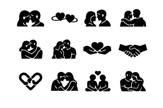 Emotional bond. Solid icon set of Emotional bond: couple faces close, heart connection, mutual gaze, supportive touch, loving couple, calm affection, shared